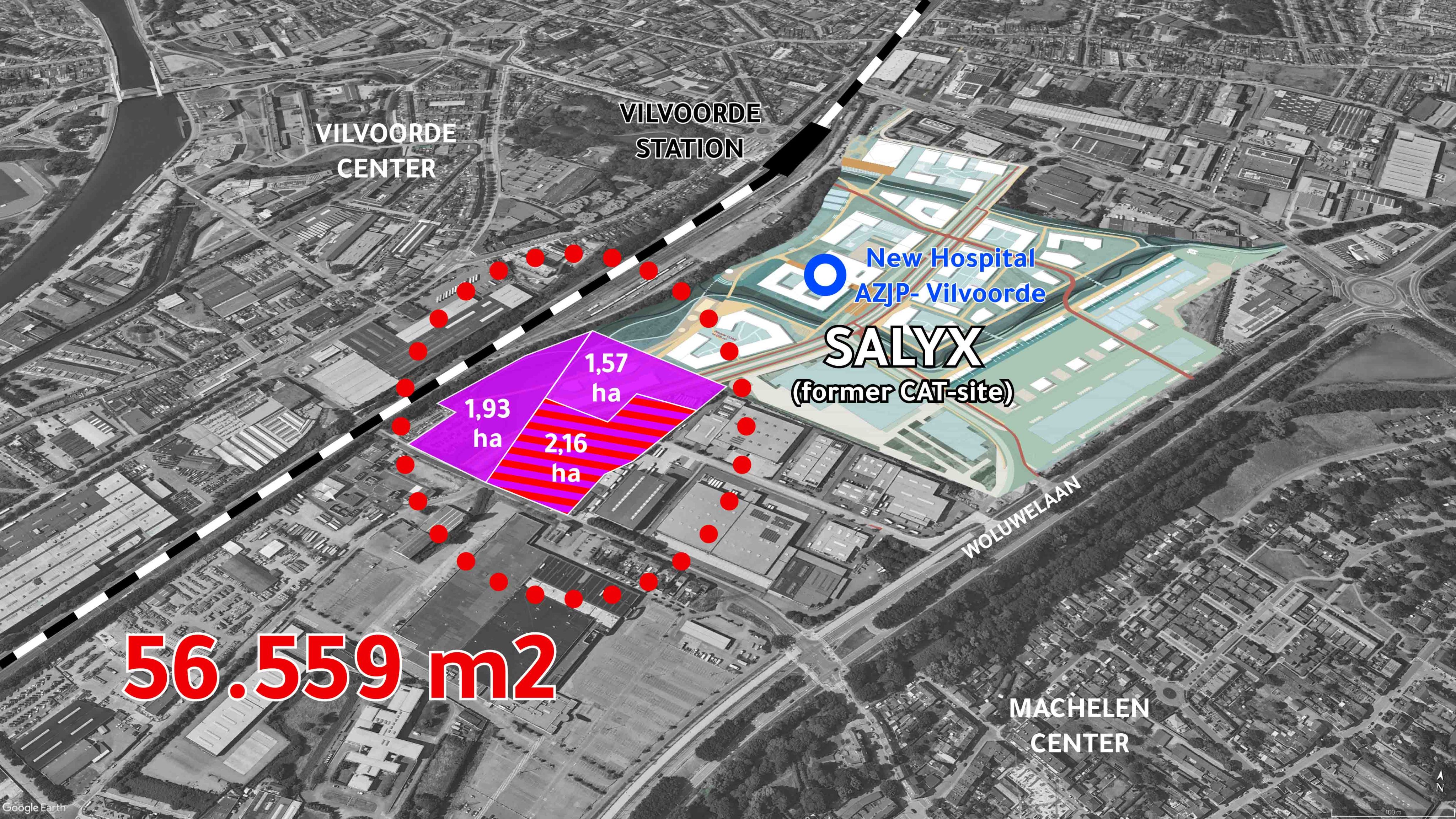Overview map view image of area with markings where the buildings are