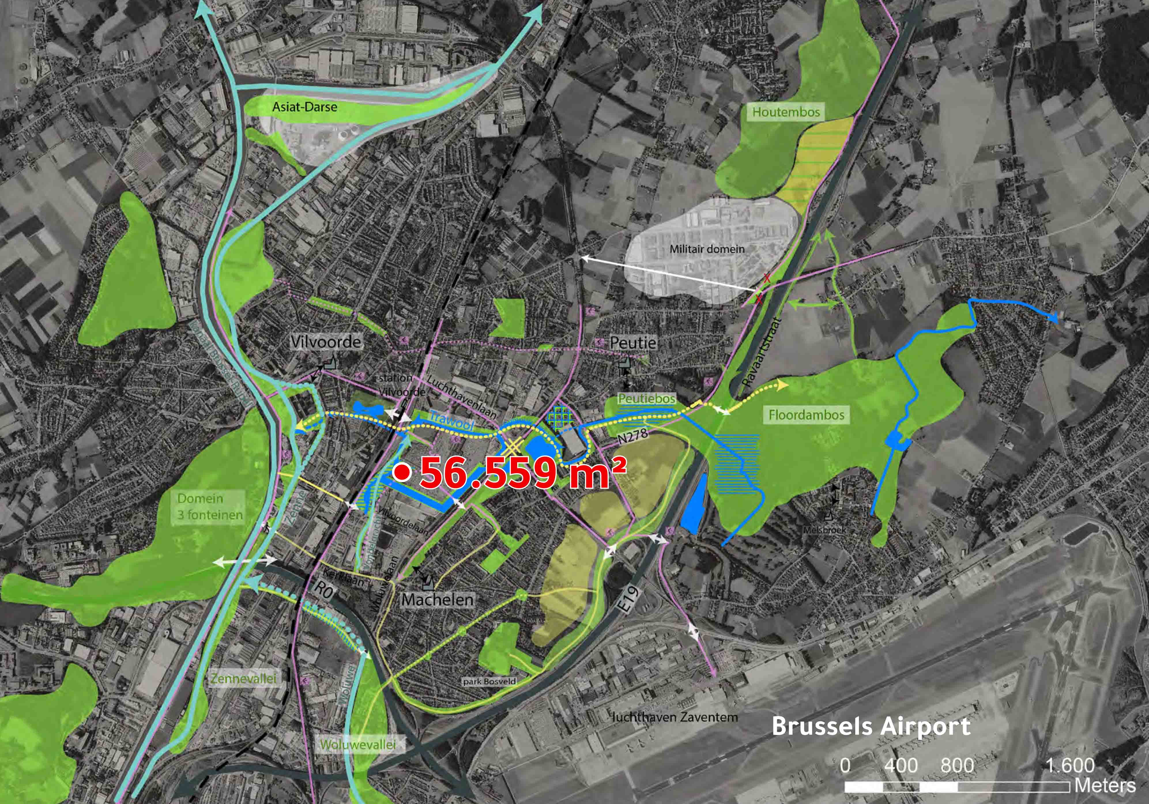 Overview map view image of area with markings where the buildings are